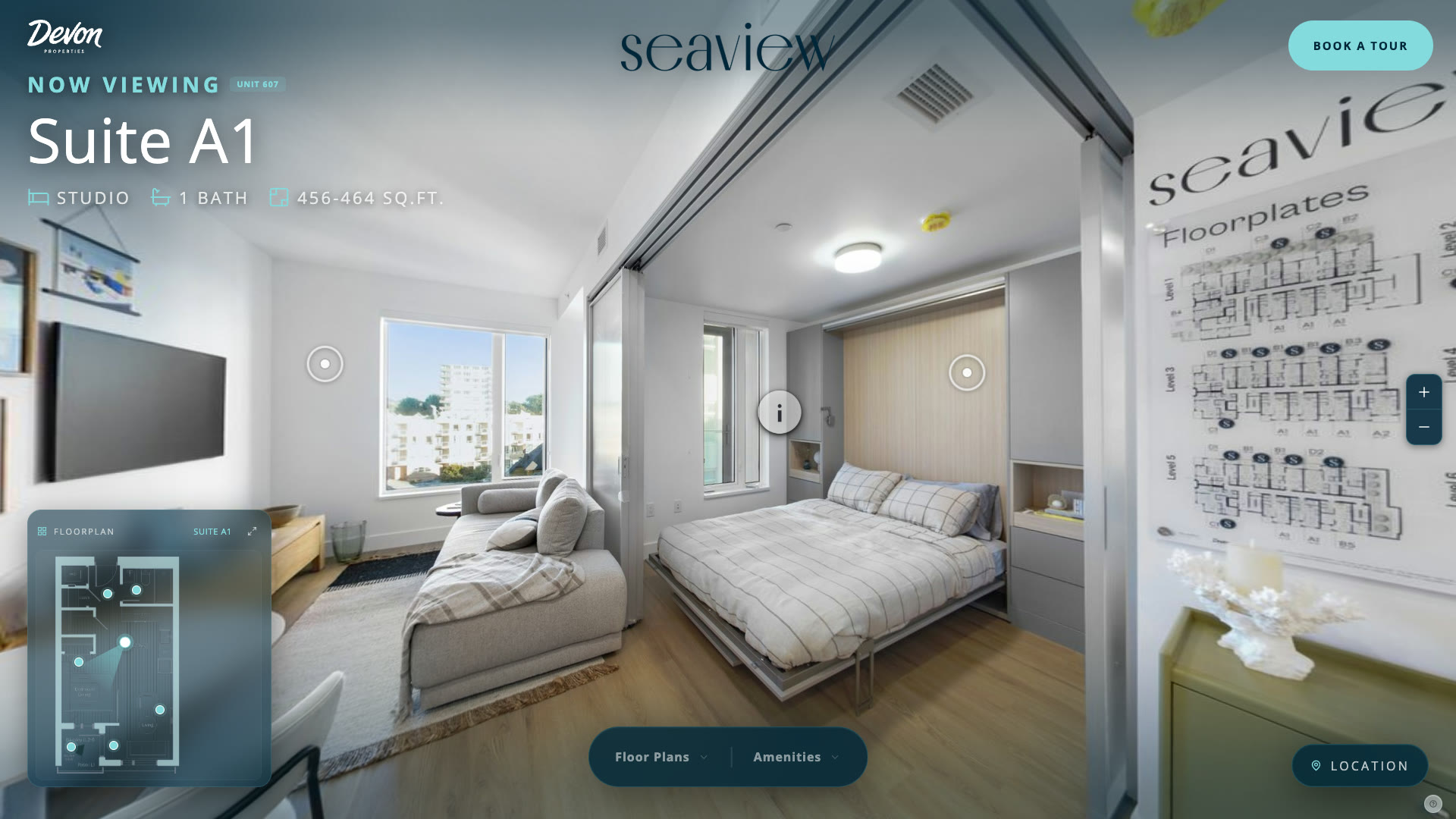 A MetaTours virtual tour with a live floor plan map, floor plan menu and a Book a Tour button